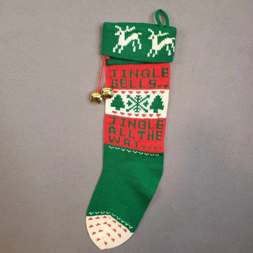 Vintage Knit Christmas Stocking Red White Green Jingle Bells All The Way 18